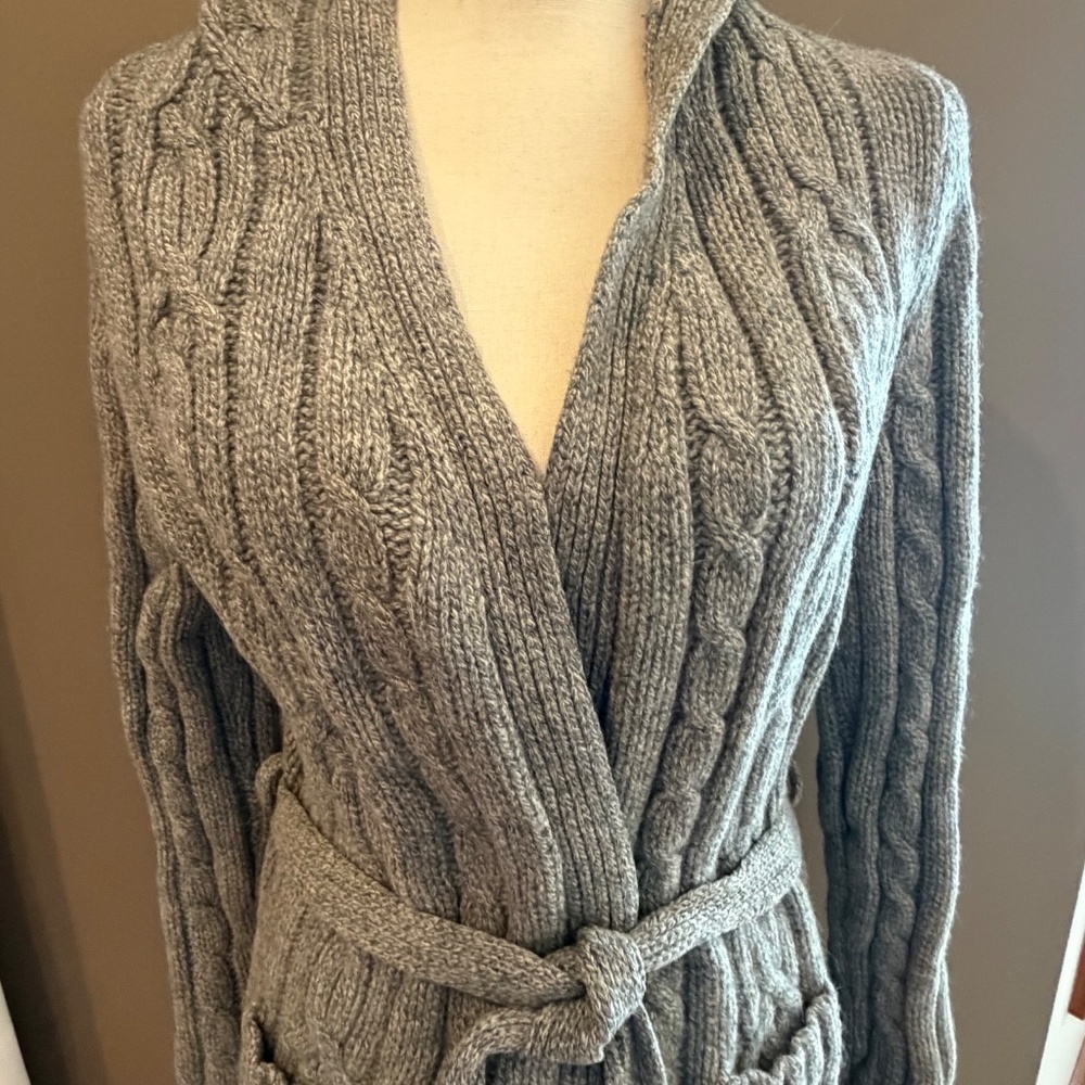 Abercrombie & Fitch Y2K Hooded Lambswool Brown Cardigan with Tie, Size Medium - Picture 3 of 15